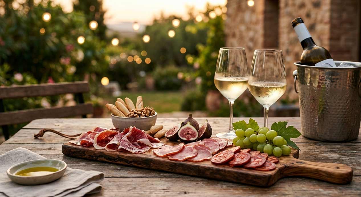 Tabla de embutidos con maridaje en un paisaje veraniego